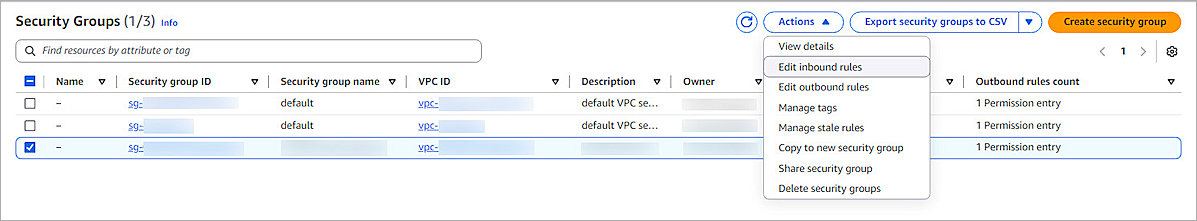 Screenshot of AWS, Security Groups page